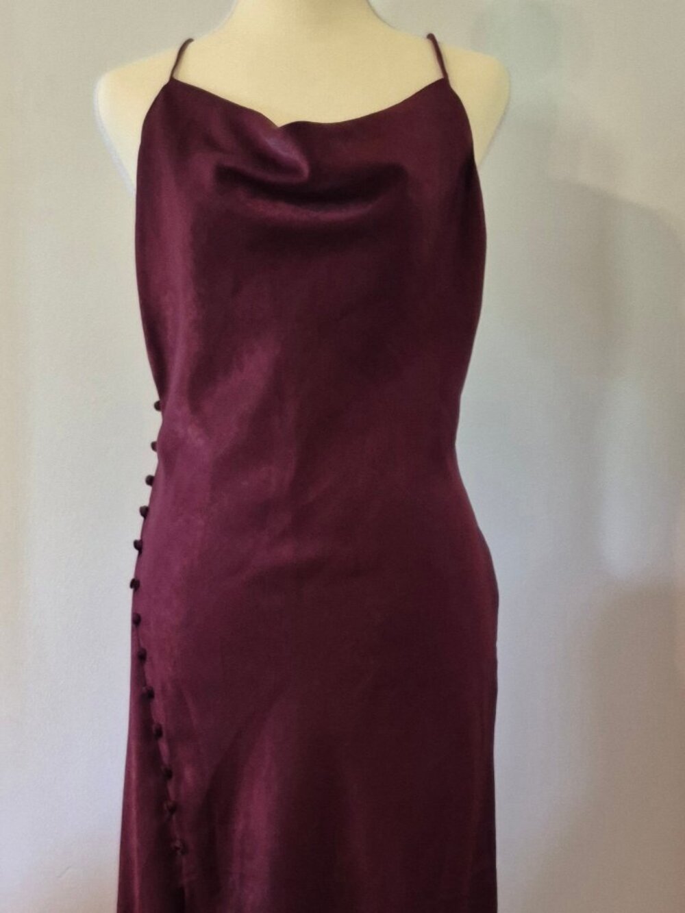 Vintage Style M Satin Cowl Neck Gown Button Detail 90s Whimsigoth Dark Romantic